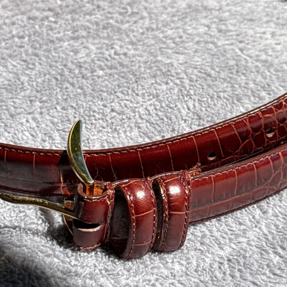 Ralph Lauren Mens Brown Crocodile Embossed Leather Belt Gold Buckle Dress Belt M - Picture 3 of 14
